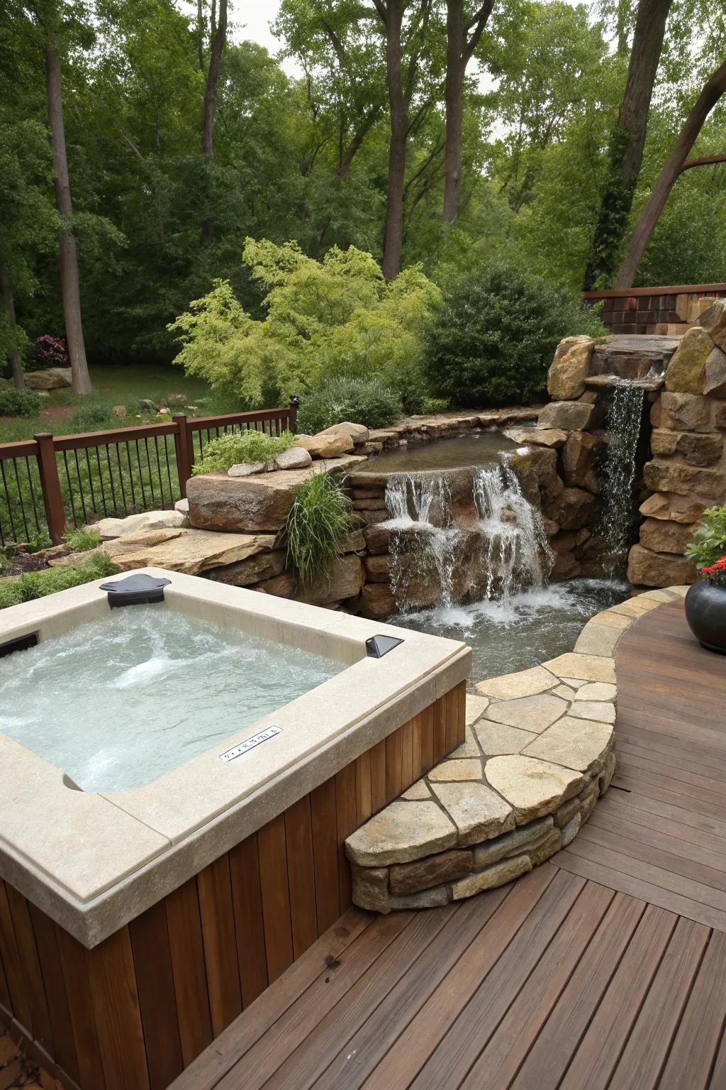 A waterfall feature imparts soothing sounds and visual allure.