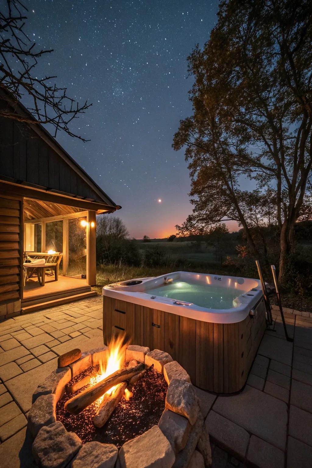 A harmonious blend of fire and water with a spa and blazing pit.