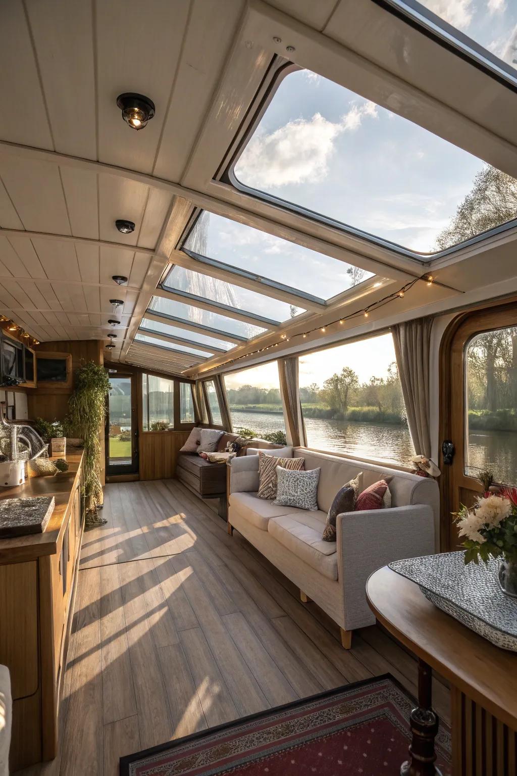 Skylights brighten and expand the houseboat's interior.
