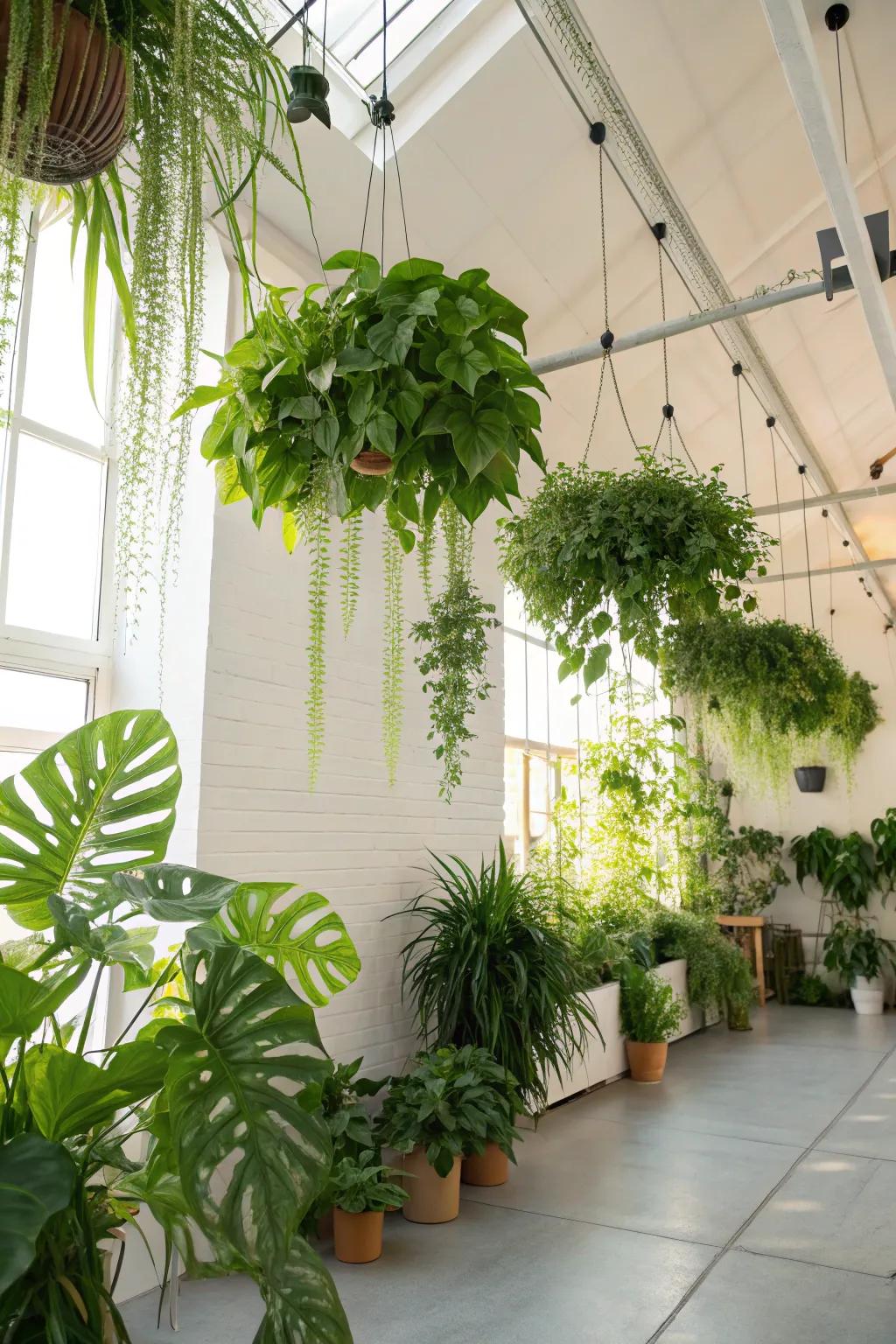 Hanging plants giving the space an airy, lush sensation.