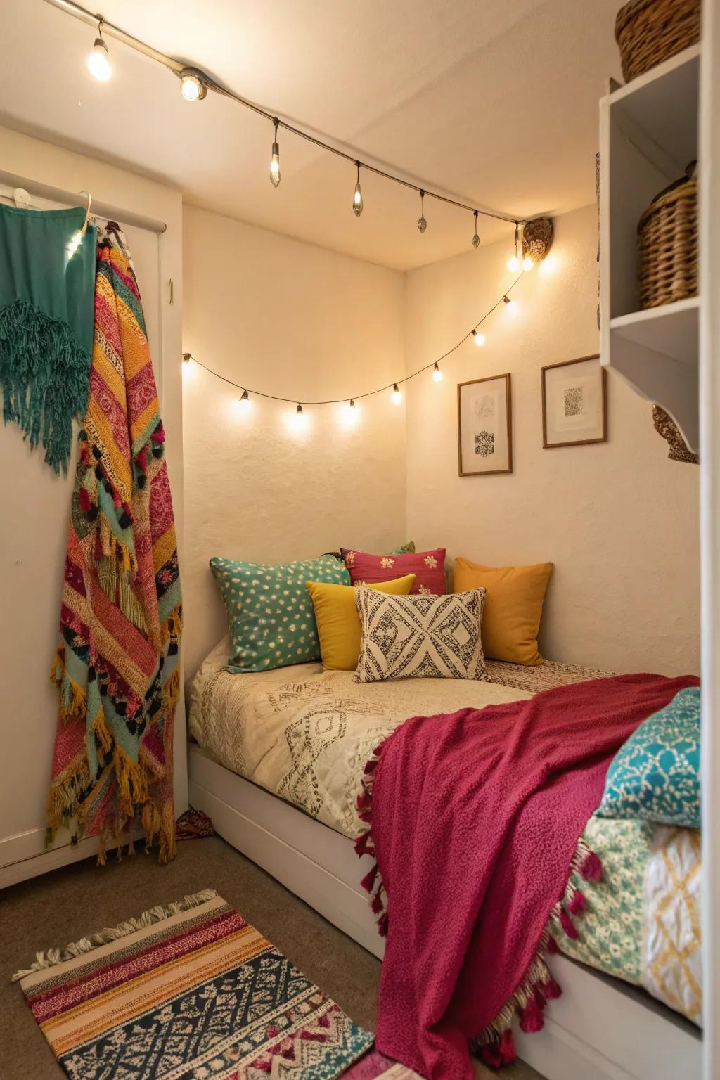 Colorful cushions and a wrap add depth to this small bedroom.