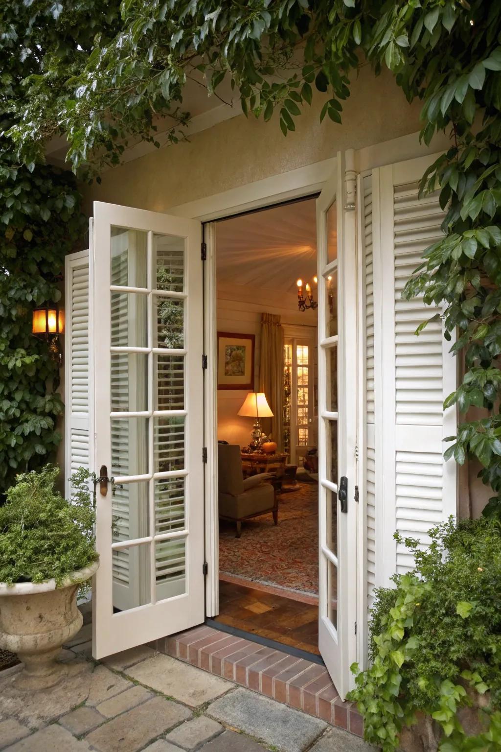 Plantation shutters offer a traditional and adaptable choice for French doors.