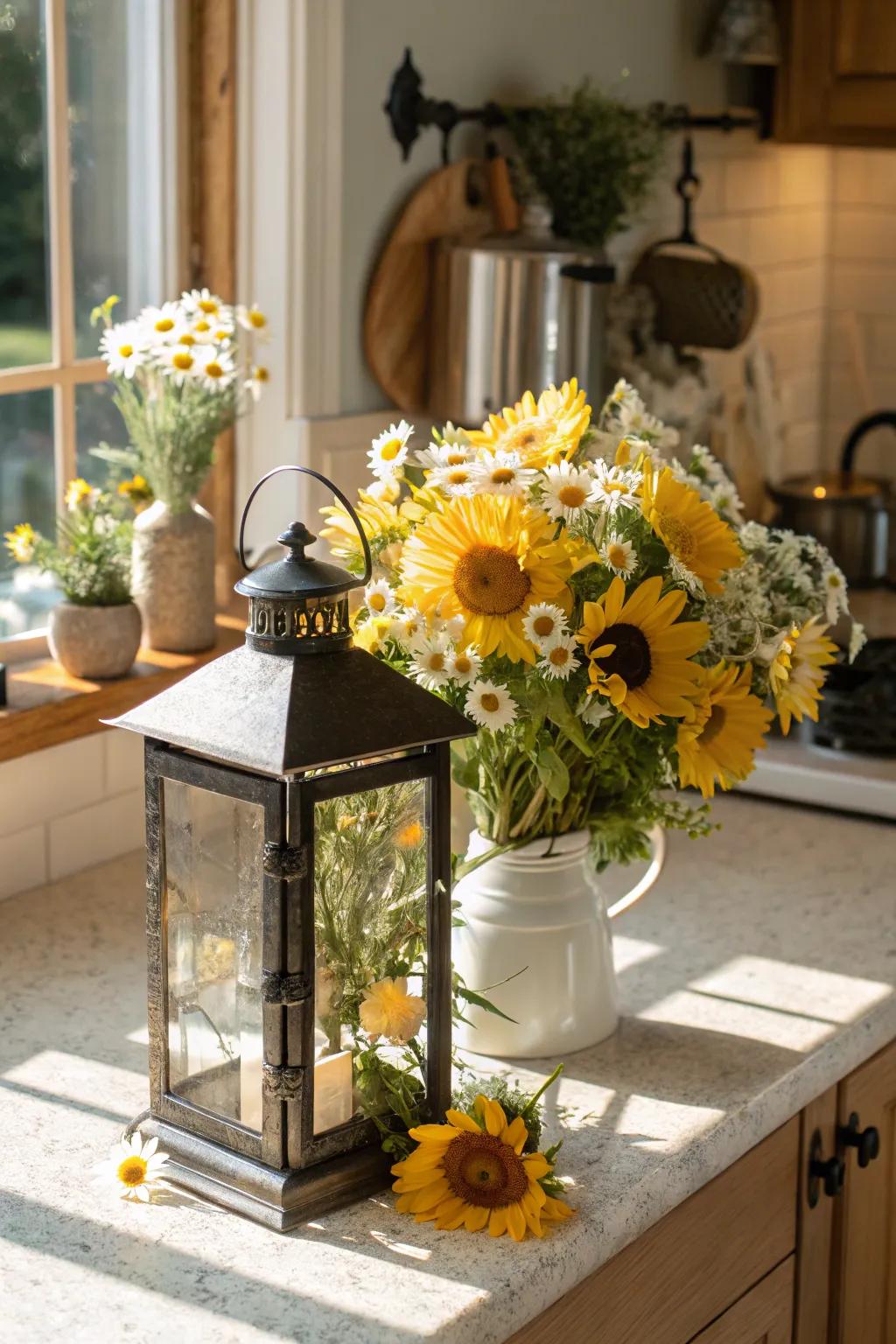 Bright and cheerful summer lantern with sunflowers and daisies.