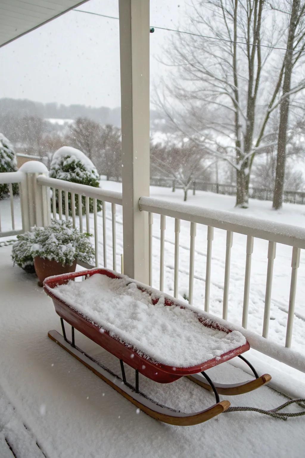 A sled transformed into a winter wonderland with faux snow