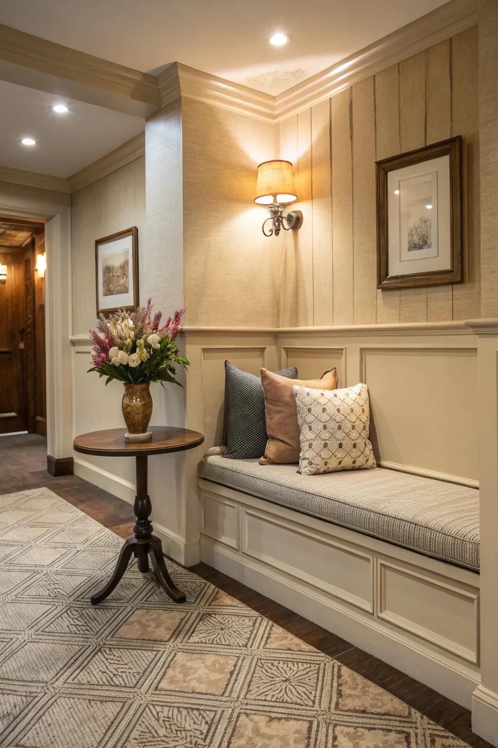 Unite seating and elegance utilizing a cozy corner seat.