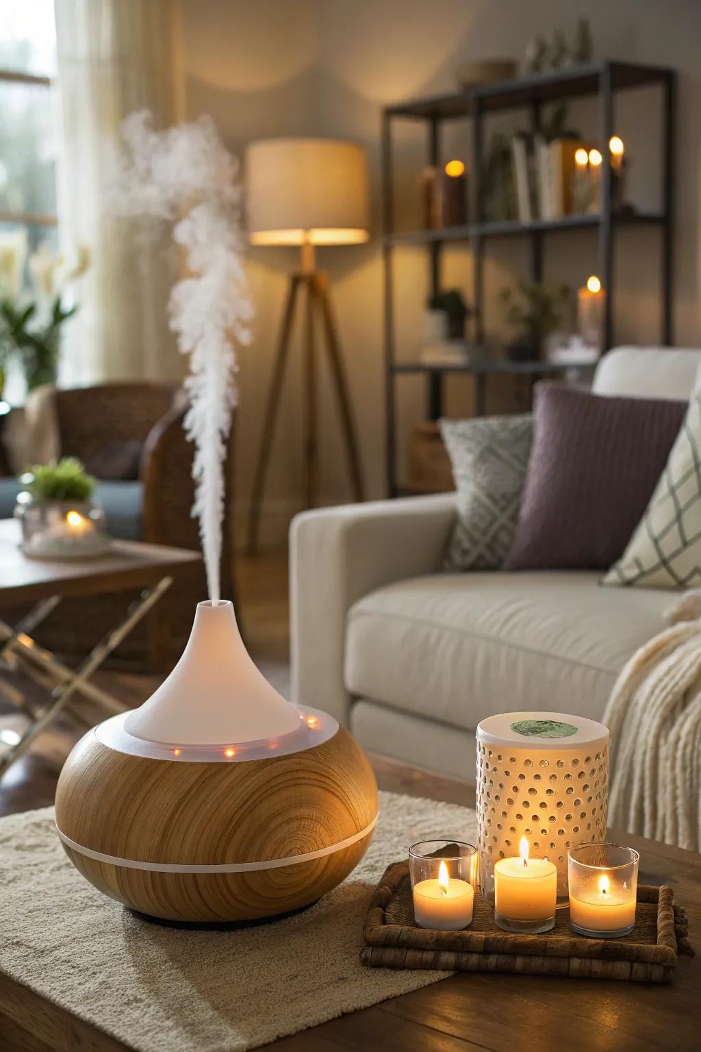 Essential oils and candles infuse the living room with spring scents.