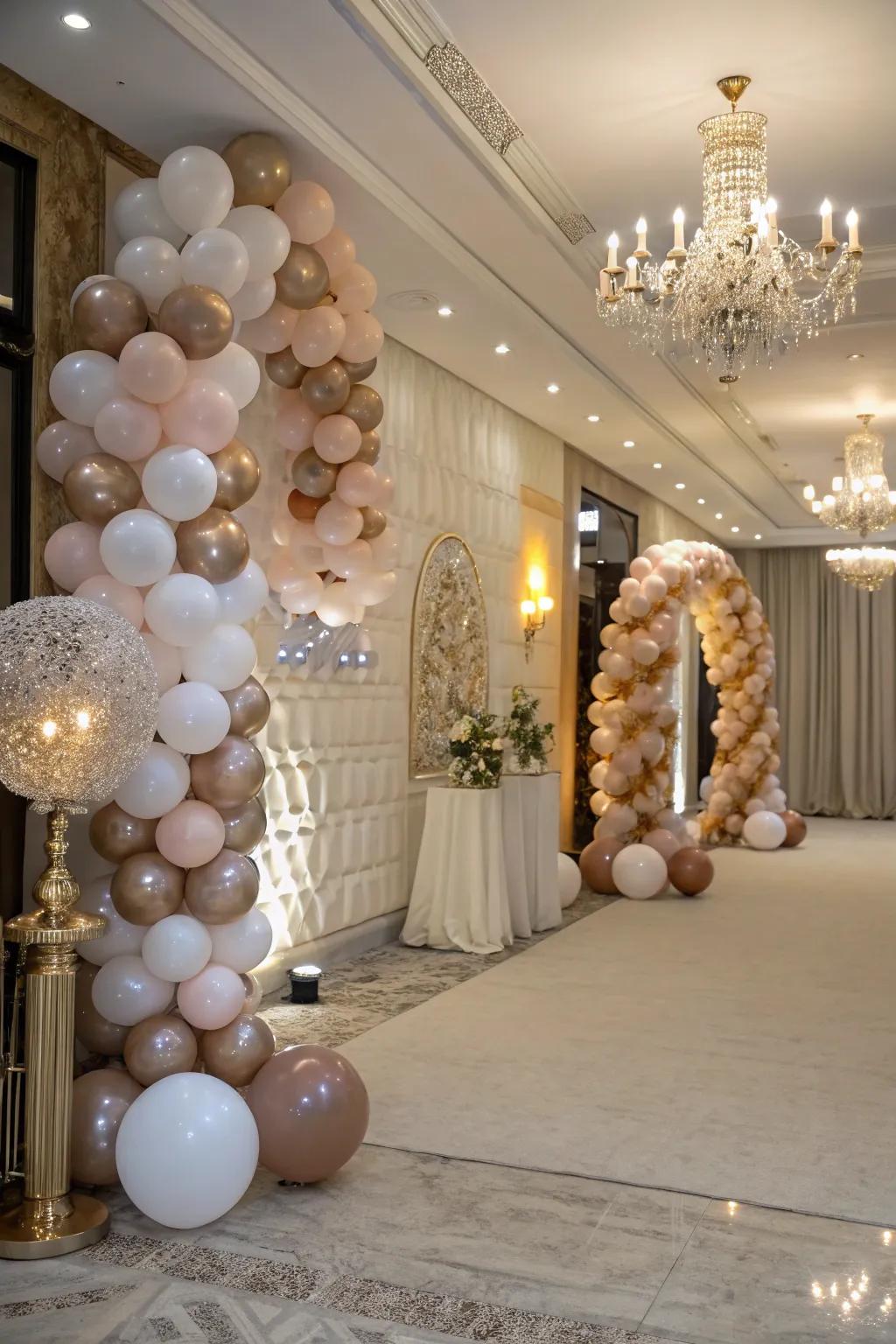 Layered and textured balloon decorations introduce sophistication and dimension to the party setting.