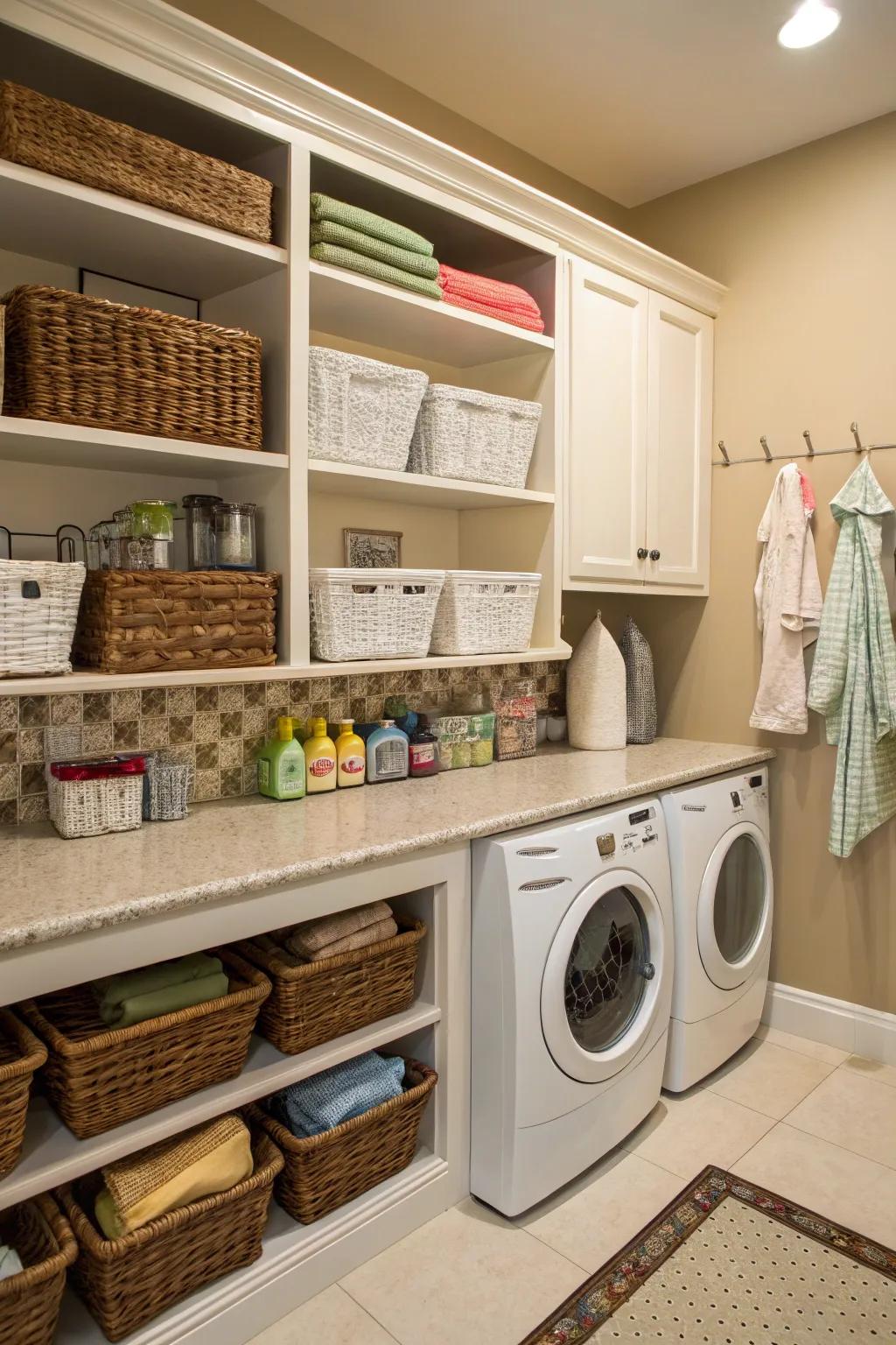 Baskets make laundry rooms neat and charming.