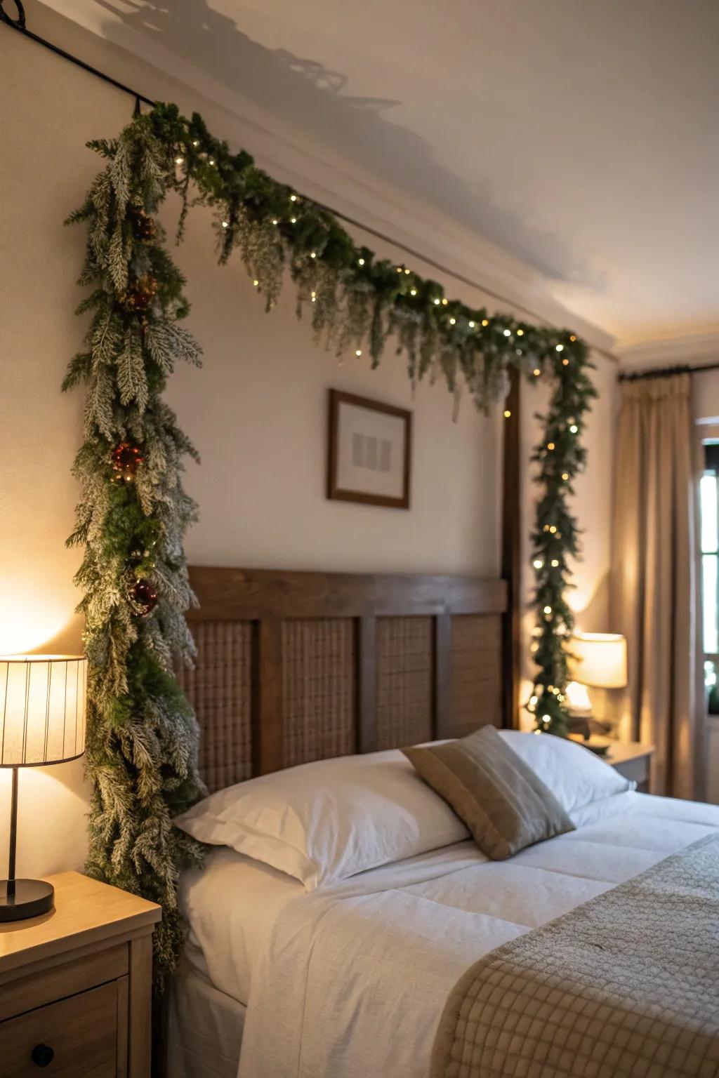 A cozy bedroom headboard adorned with tinsel garland.