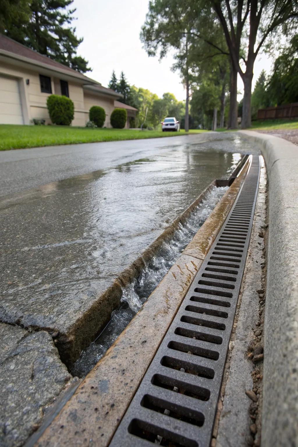 Channel drains keep paved areas free from water pooling.