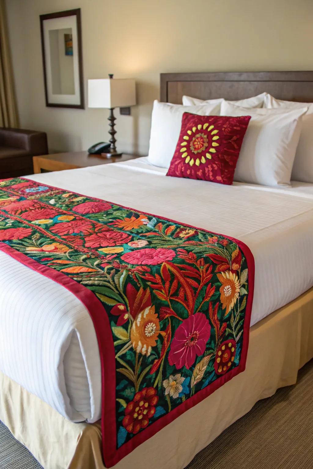 A bed runner introduces elegance and a splash of color.