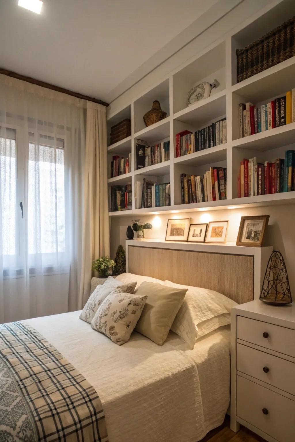 A headboard with shelves offers extra storage space.
