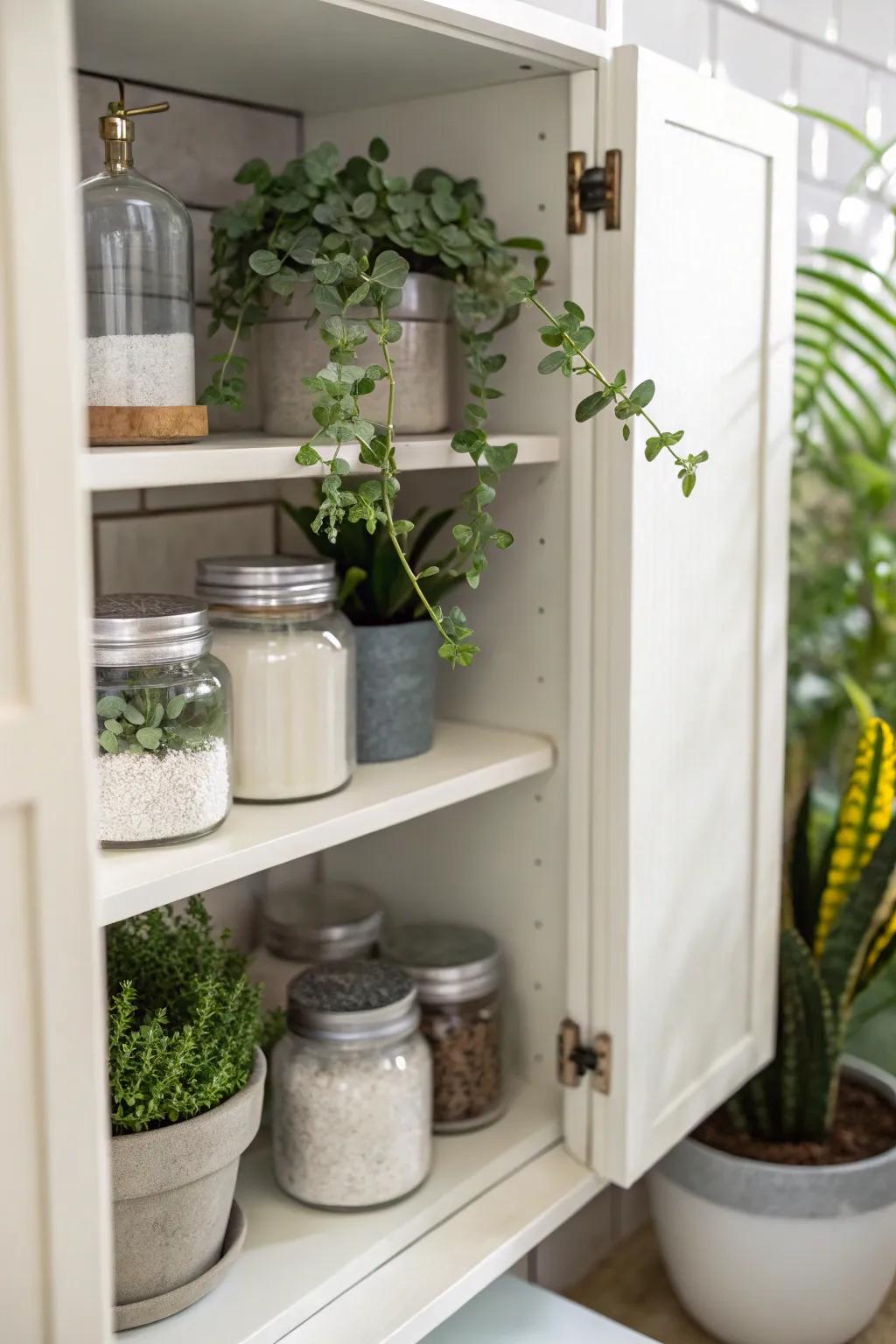 Plants and decorative jars inside a bathroom cabinet add to the look.