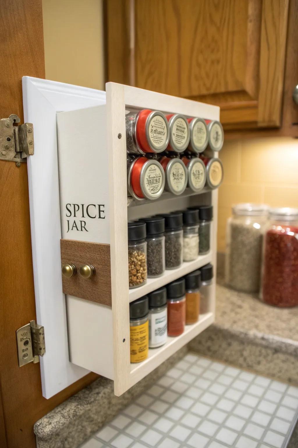 A hidden spice rack keeps your collection organized and discreet.