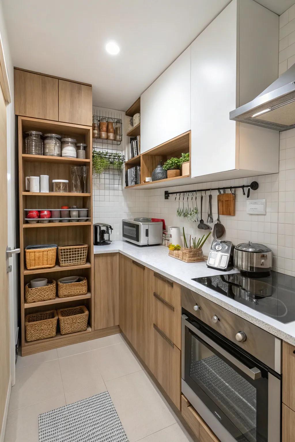 Efficient use of space in a small kitchen setting.