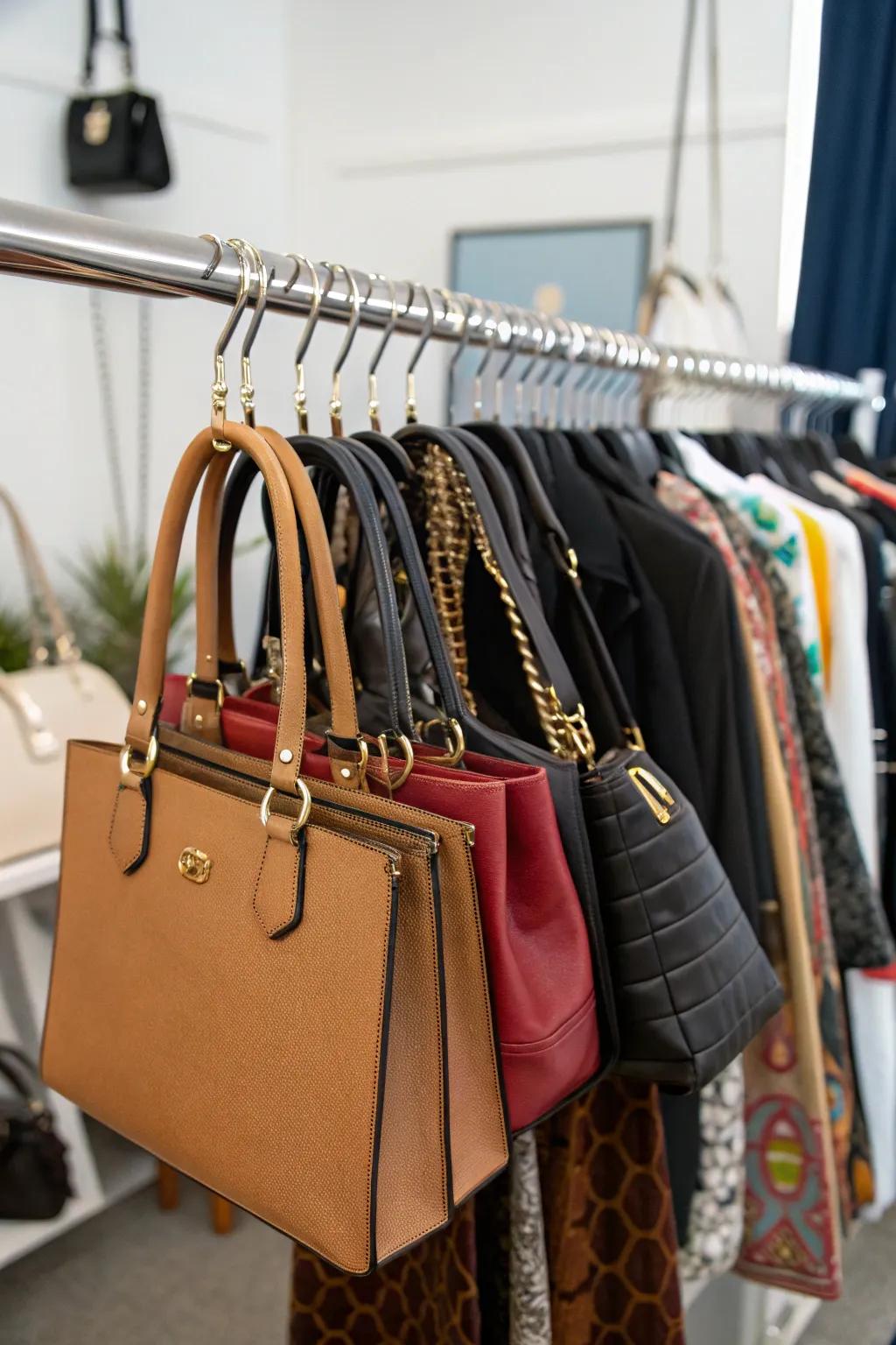 Flexible handbag storage utilizing hook clamps on a rod, ideal for growing collections.