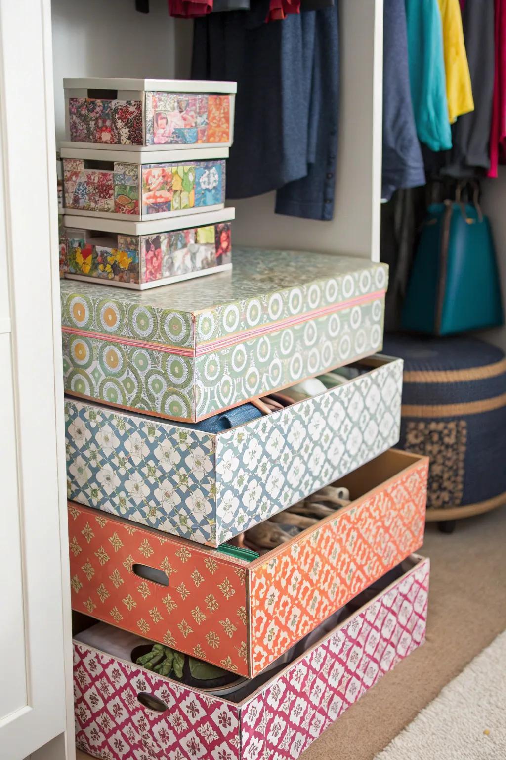Shoe boxes transformed into stylish puzzle storage.