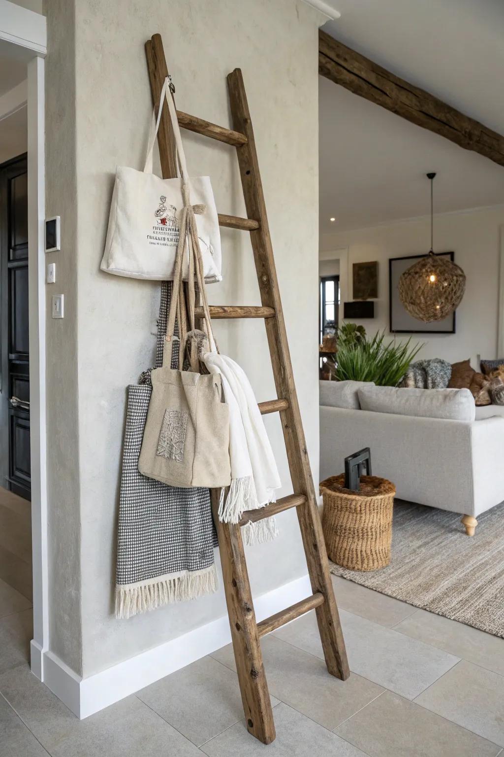 A ladder adds rustic charm to tote bag storage.