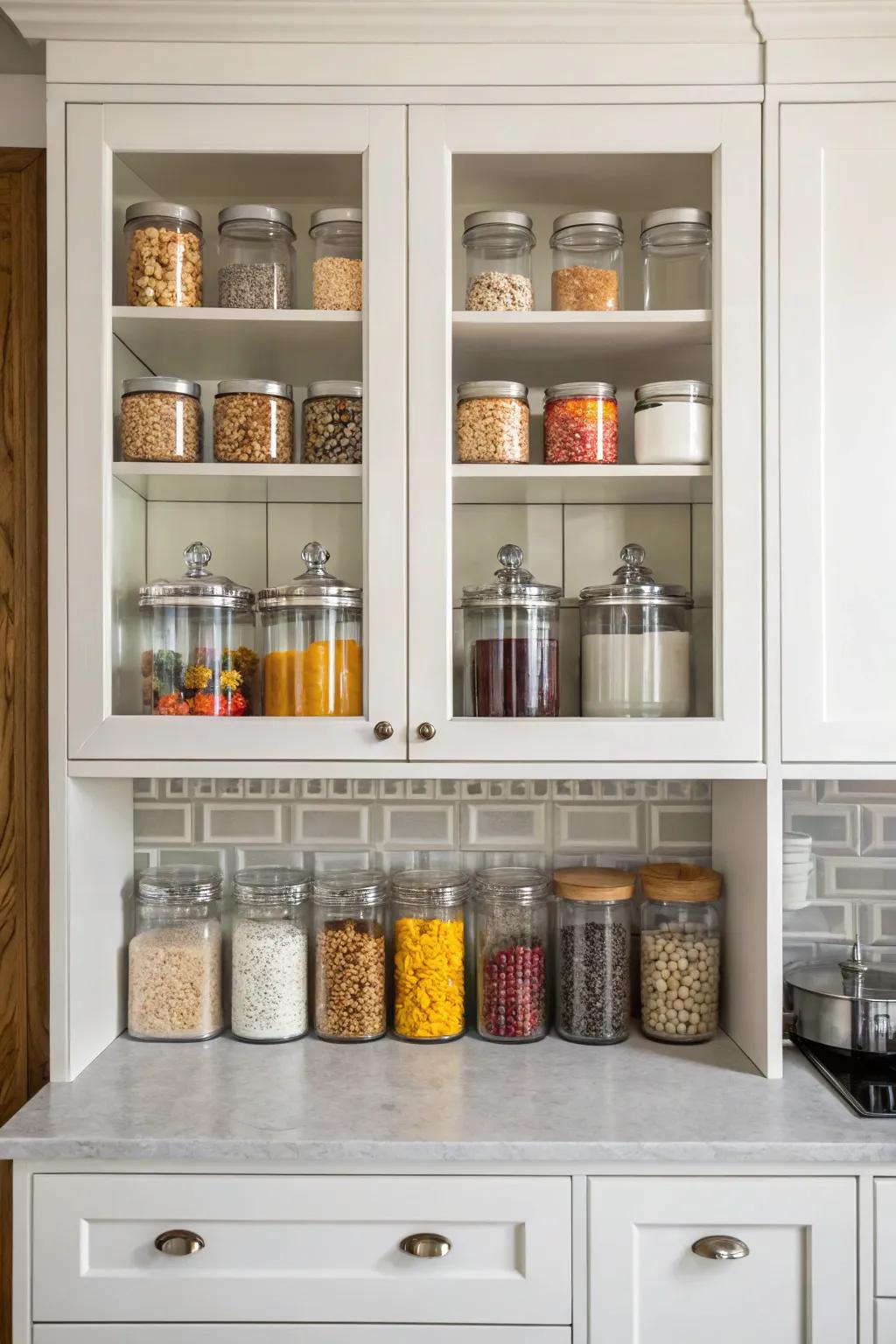 Chic canisters harmonizing function and adornment within the cabinet.