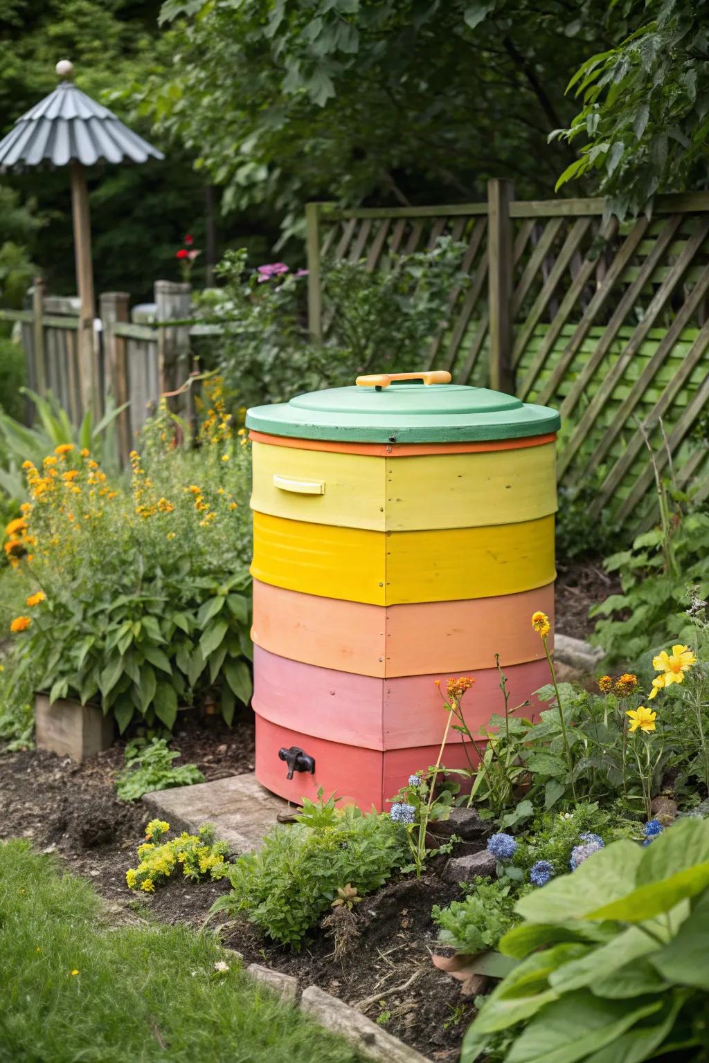 A vividly painted compost container that serves as a striking garden accent.