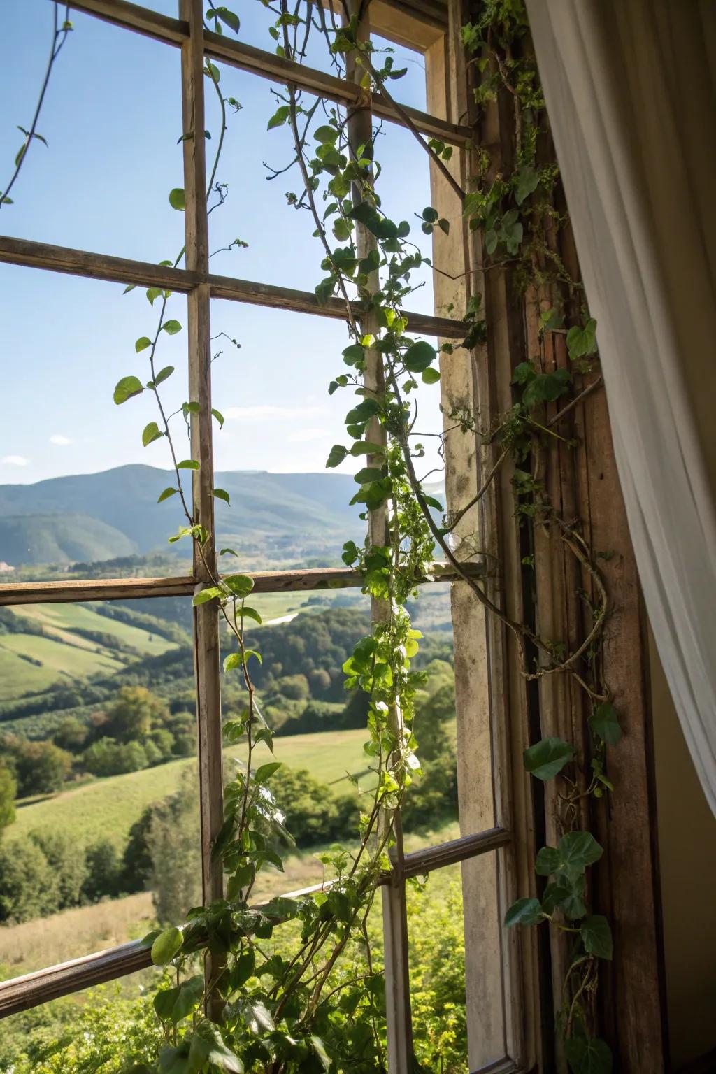 A scenic view framed by a Waxplant on a window border support.