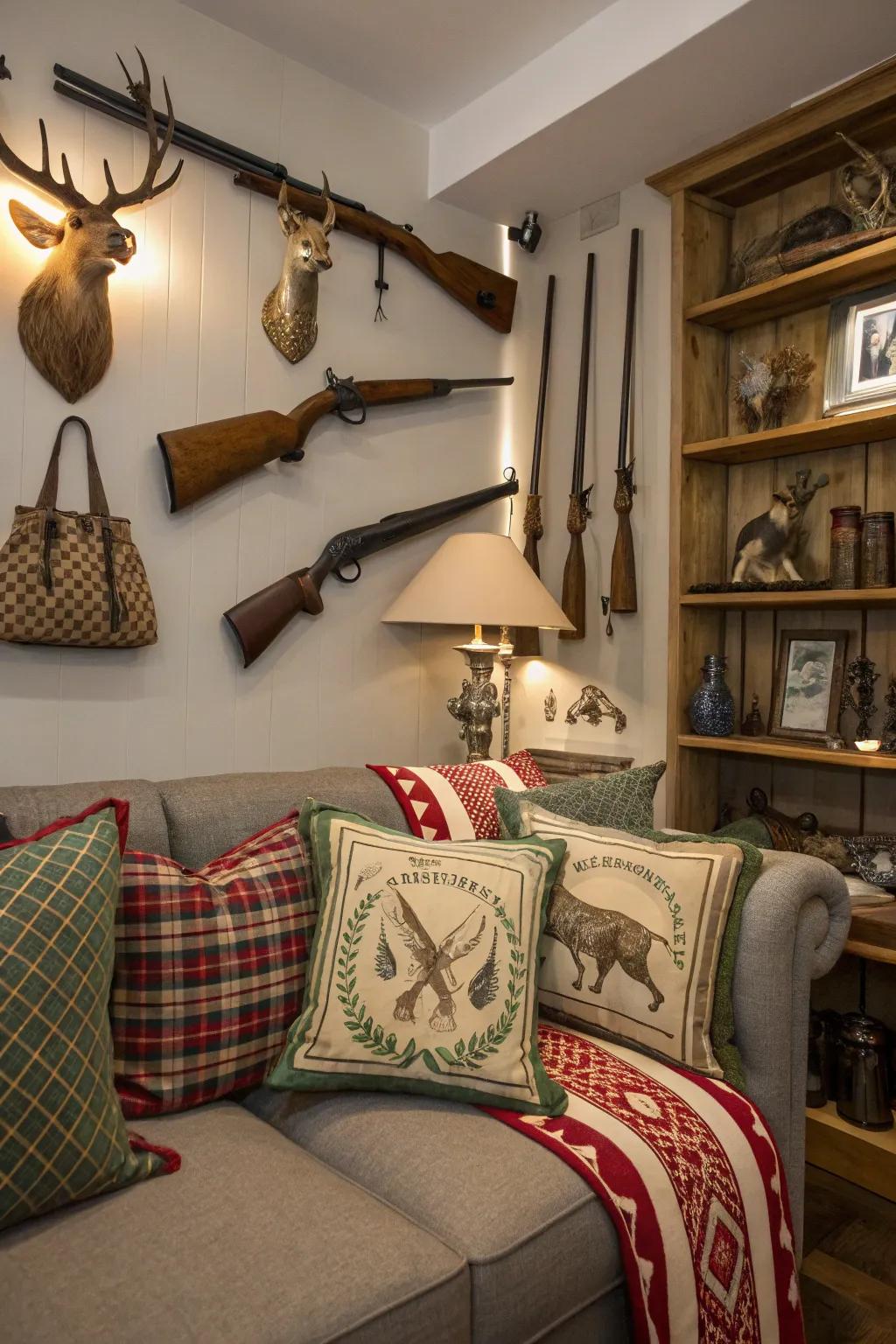 Ornamental details like cushions and vintage equipment help to round out the room’s theme.