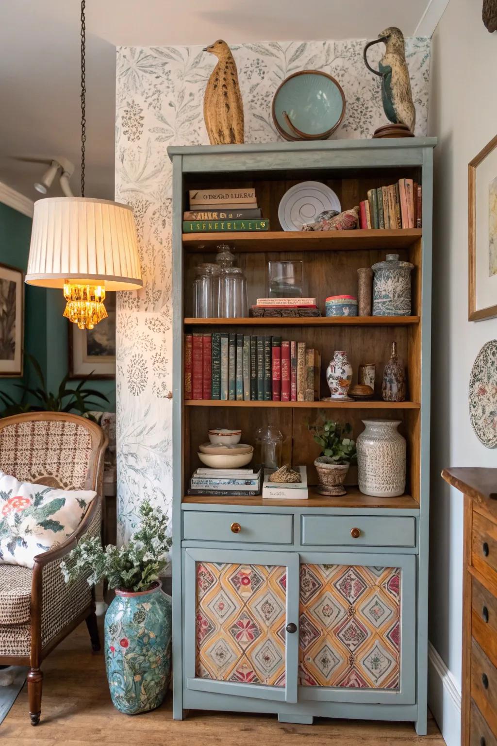 A diverse hutch combines vintage charm with contemporary flair.