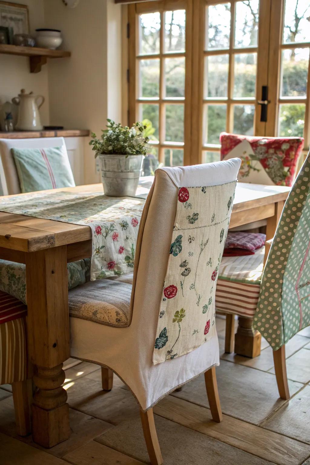 Eco-friendly style with fabric-square chair wraps.
