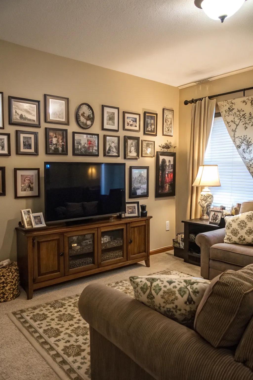 Framing a TV with pictures creates a focal point.