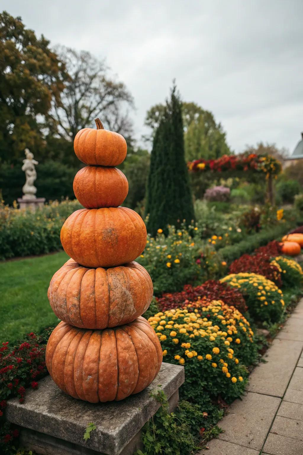 A pumpkin topiary that adds height and elegance to outdoor decor.