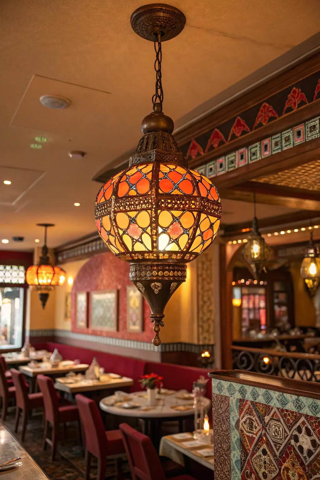 A statement lighting fixture in an Indian restaurant.