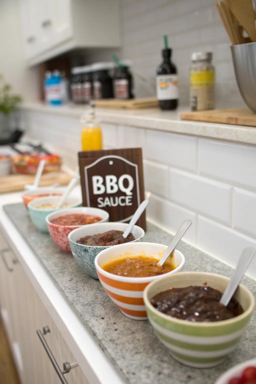 A create-your-own BBQ sauce station lets guests personalize their flavors.