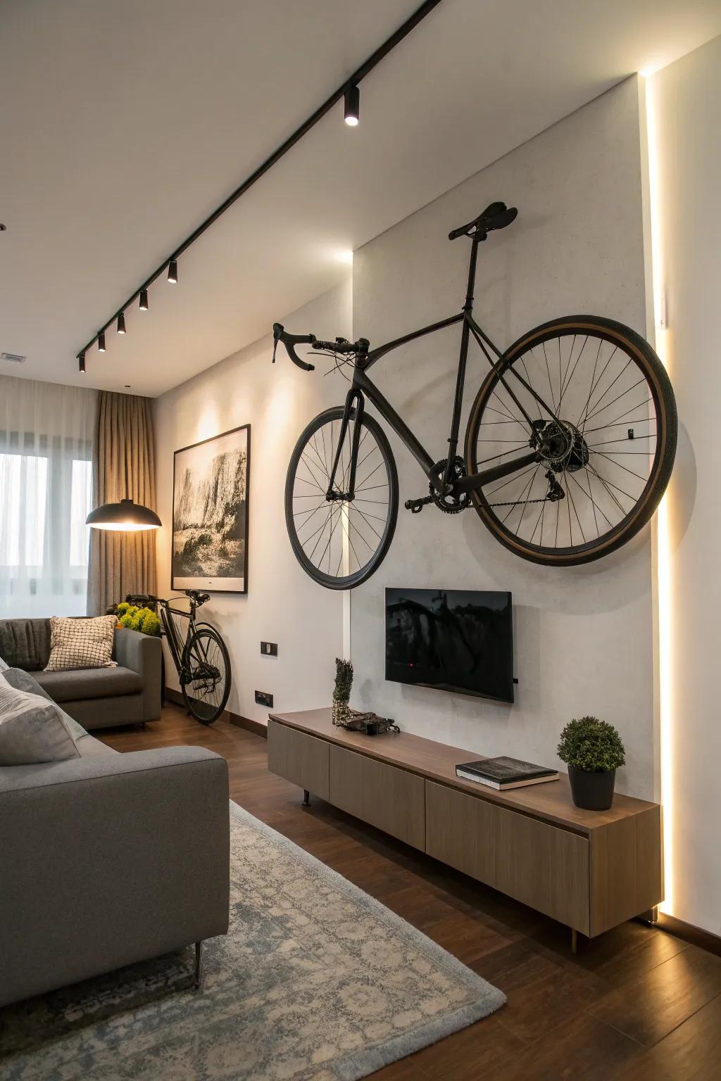 A decorative wall hanger turns a bike into a focal point.