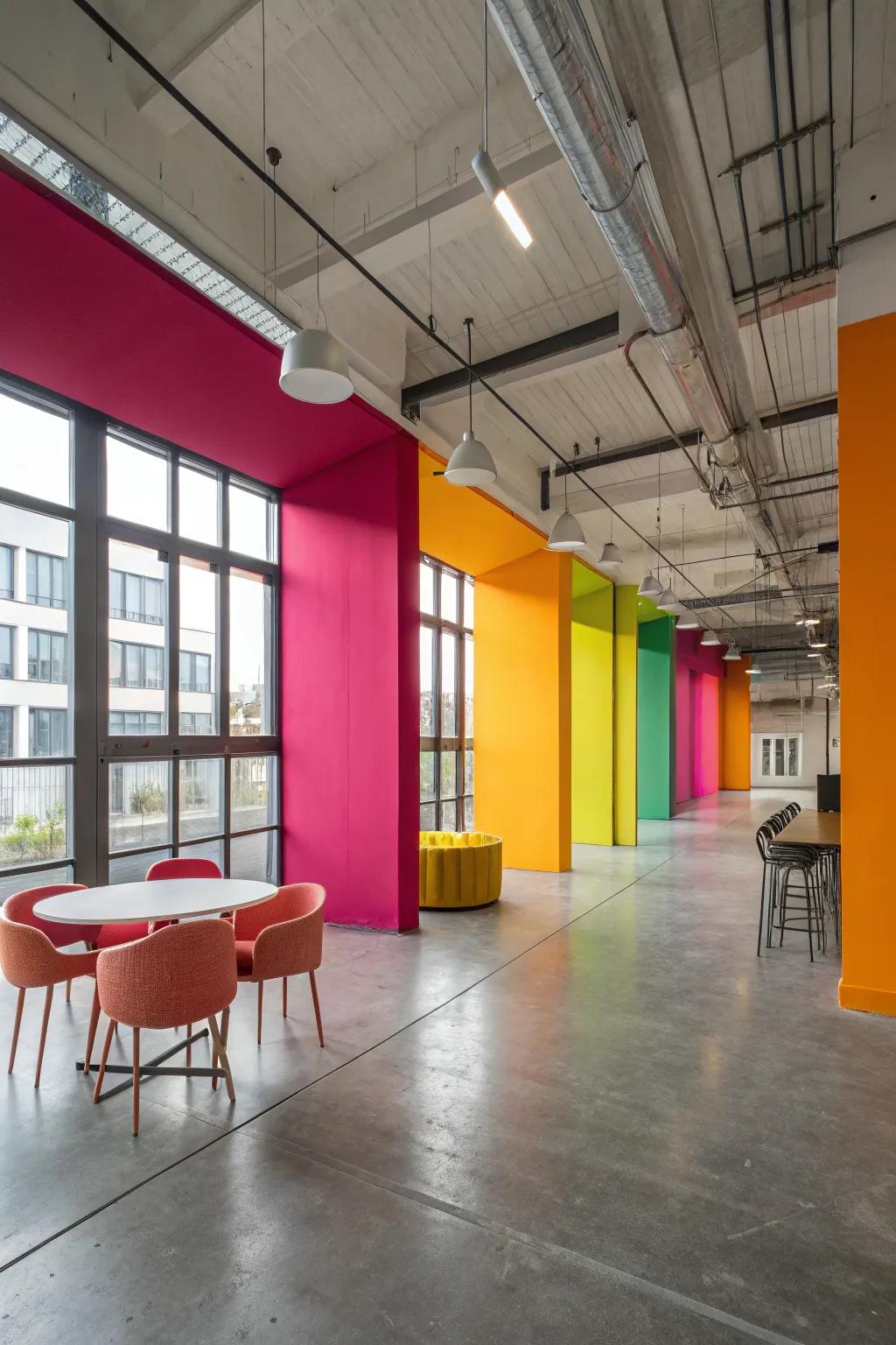 Dynamic color blocking on a concrete floor defines distinct areas in this open-plan space.