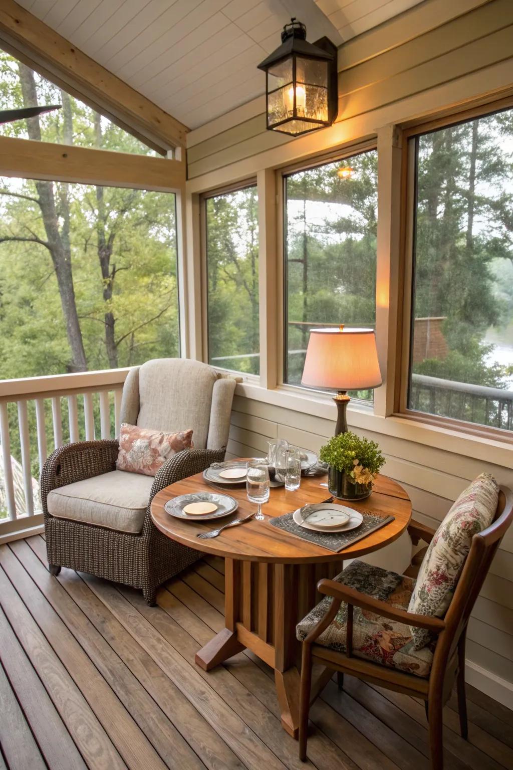 A multi-functional indoor deck with spaces for dining and relaxation.