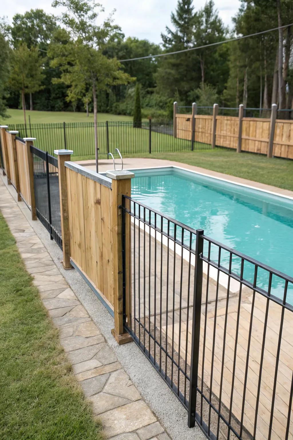 Blending materials fashions a distinct and textured pool surround design.