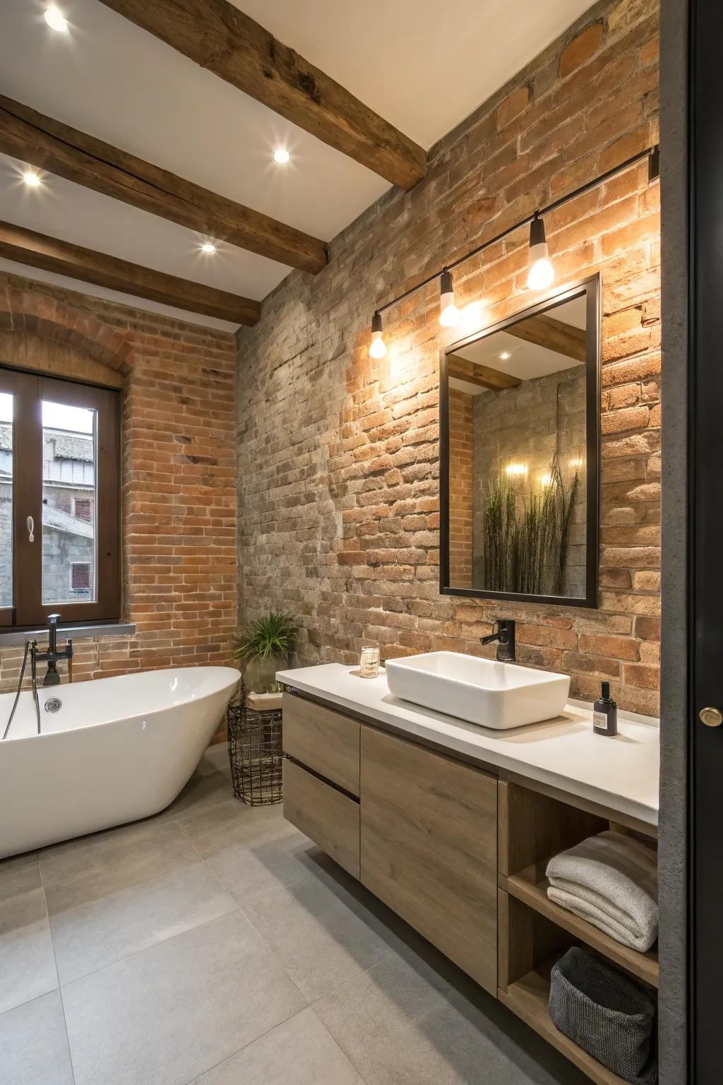 A unique bathroom featuring an exposed brick wall, adding rustic charm to the sleek space.