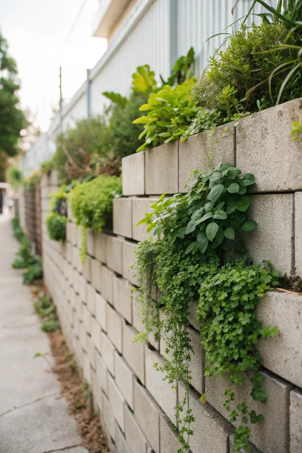 A vertical garden brings a refreshing touch to a cinder block wall.