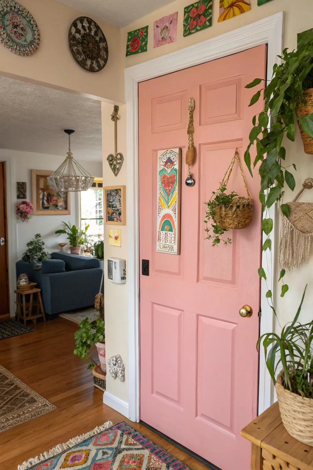 A cheerful rose door adds charm to the entrance.