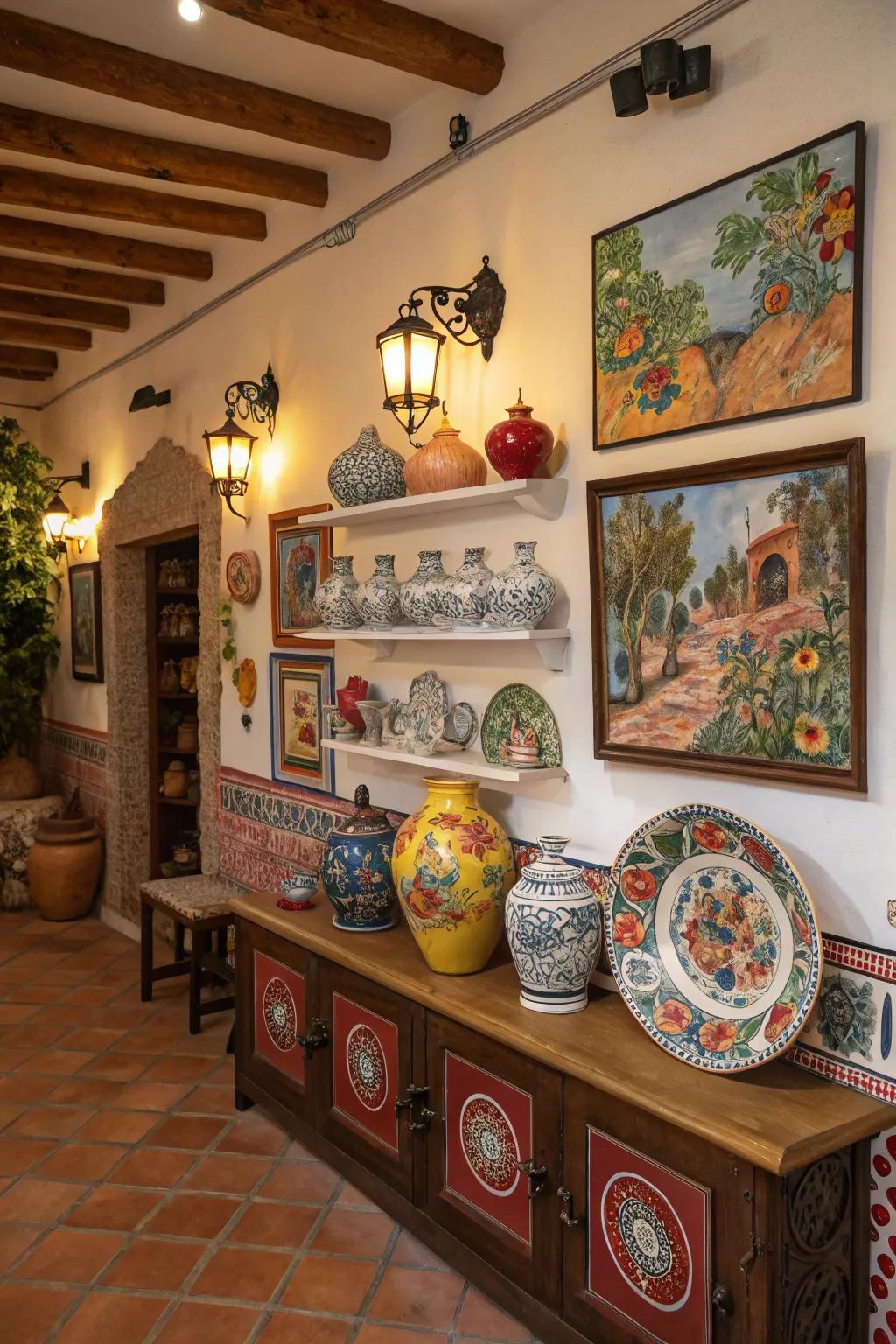 Artistic decor imparts character and vibrancy to the space.