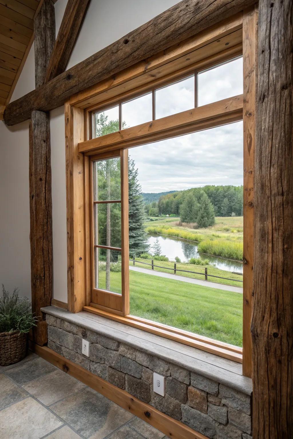 A window adorned with rustic wooden beam trim, enhancing the farmhouse aesthetic.
