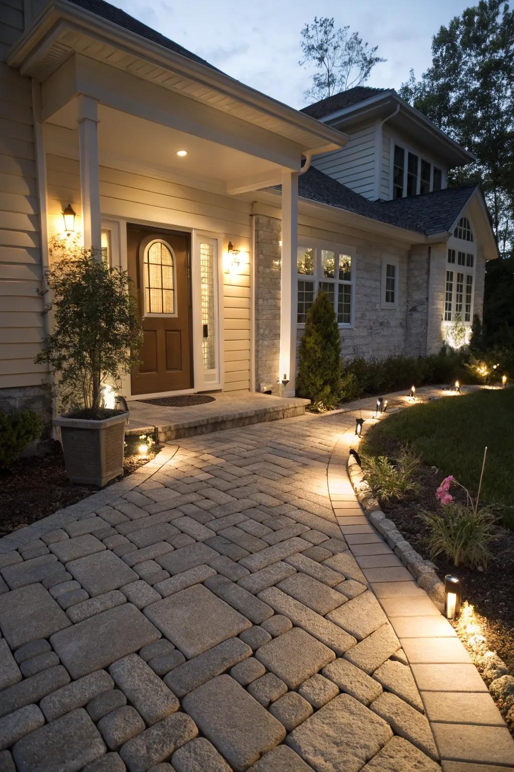 Delicate lighting infuses warmth into this modular entryway path.