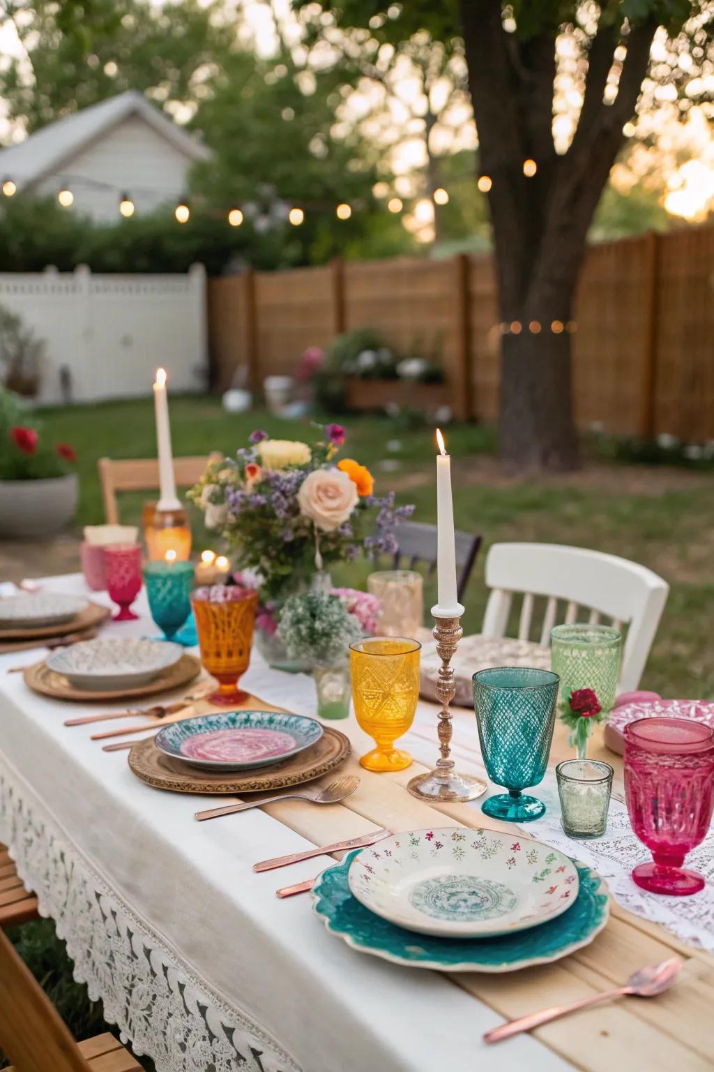 Eclectic vintage tableware adds charm to a backyard reception.