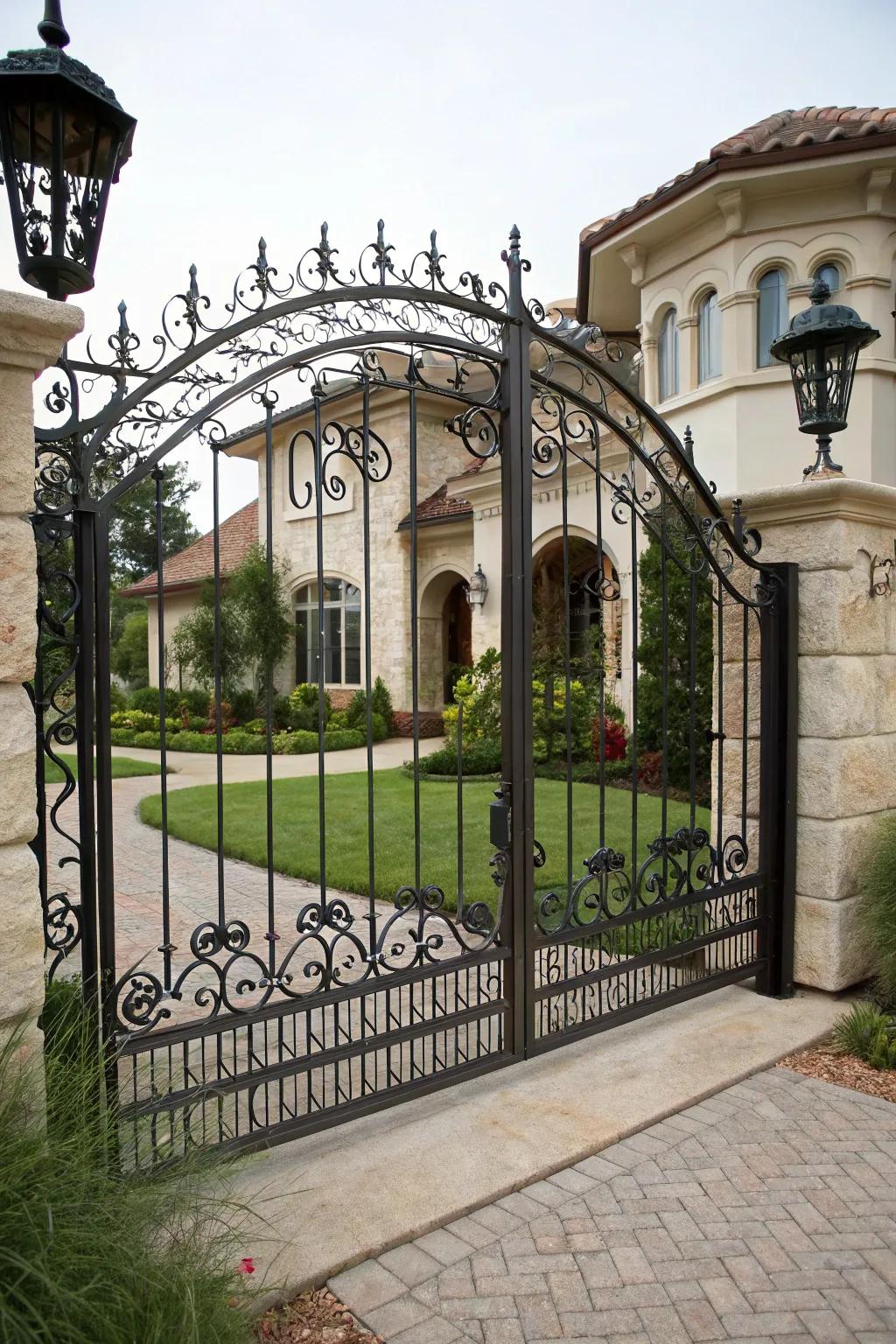An iron gate perfectly complementing the home's architecture.