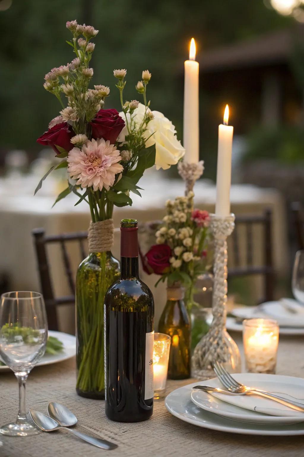 Wine bottles introduce a rustic and charming detail.