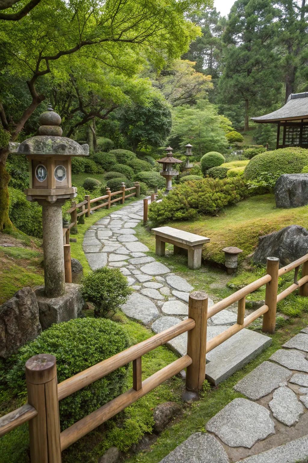 Wooden fences and seating zones within a Japanese garden.