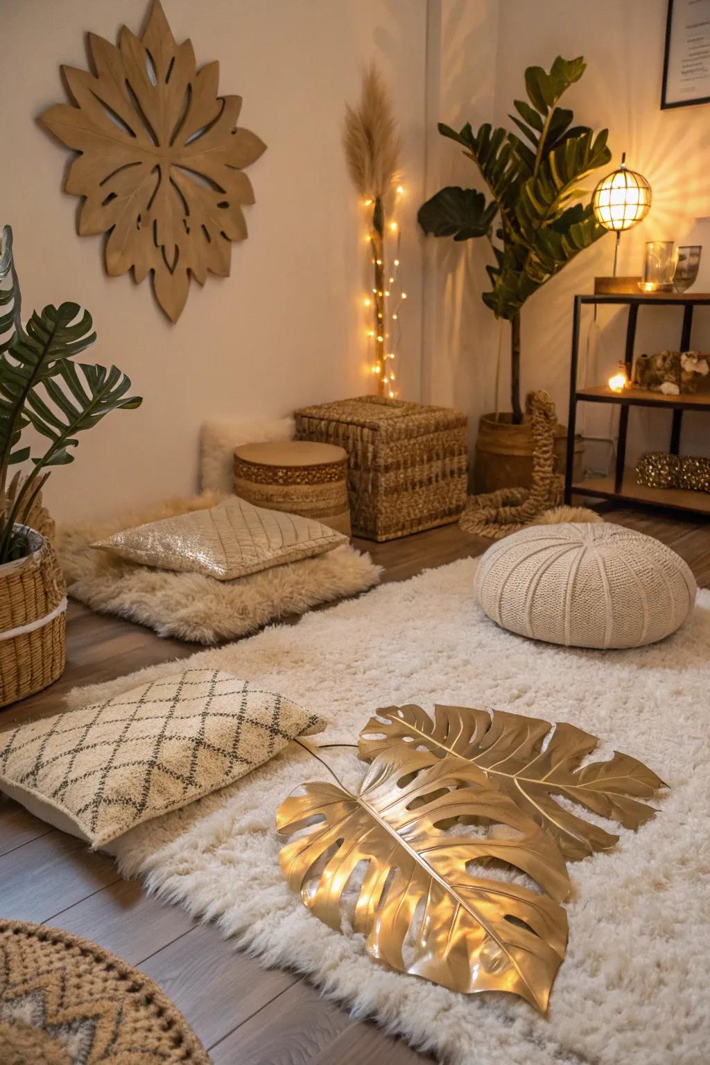 Layering textures adds depth and sensory appeal to your jungle space.