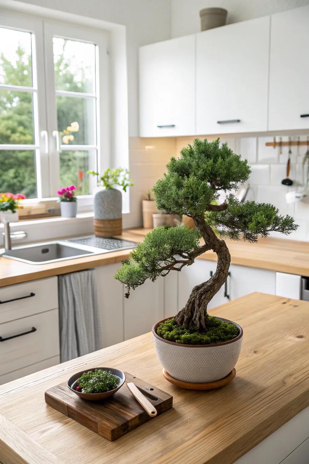 A triple trunk juniper bonsai injecting intricacy into a radiant cooking area.