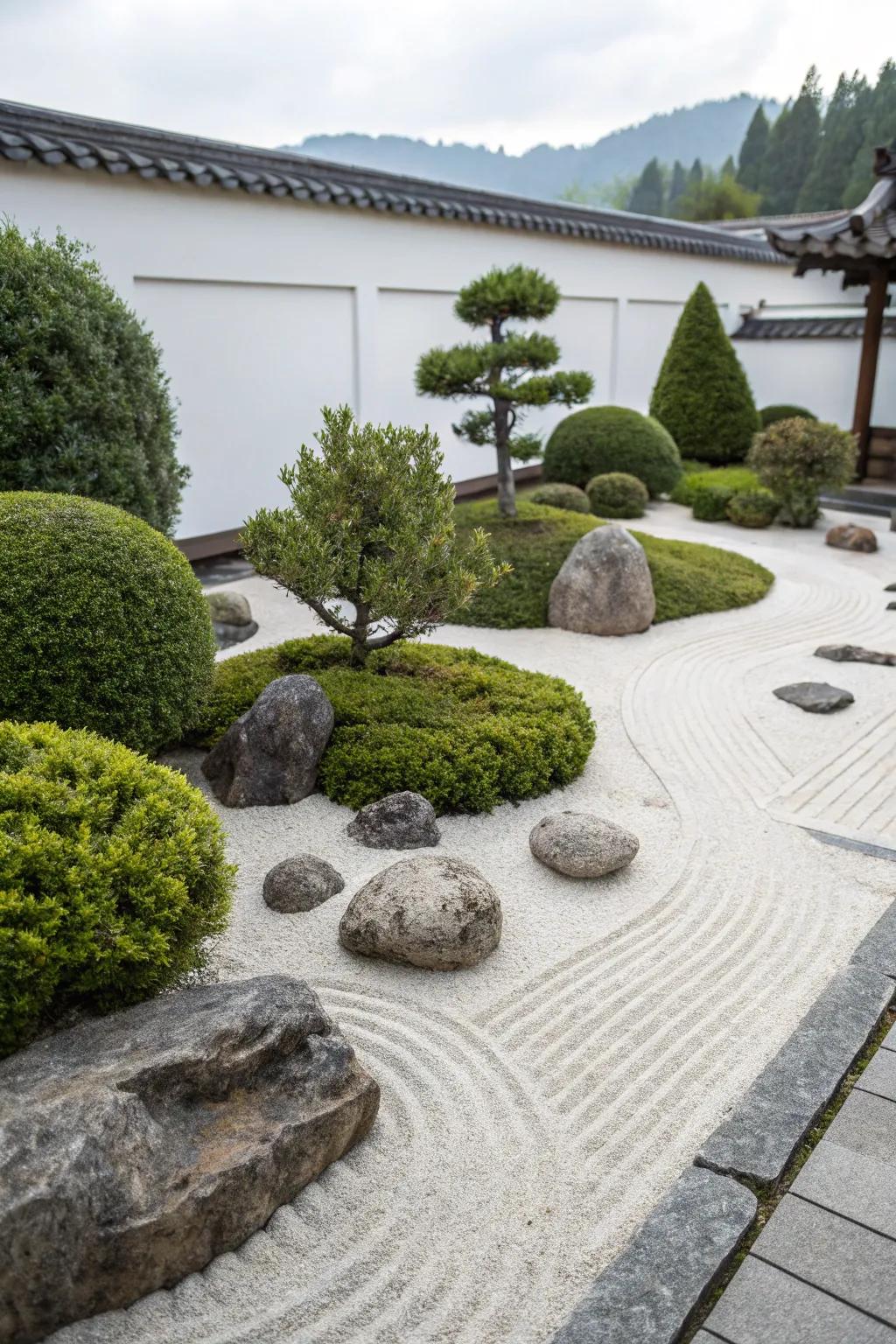 Tranquil zen garden featuring junipers