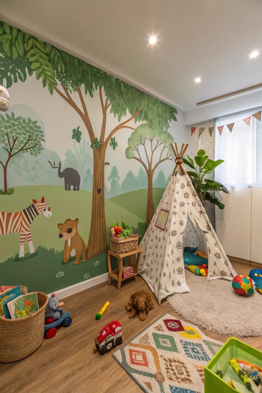 A playroom that invites quest with its jungle-themed wallpaper.